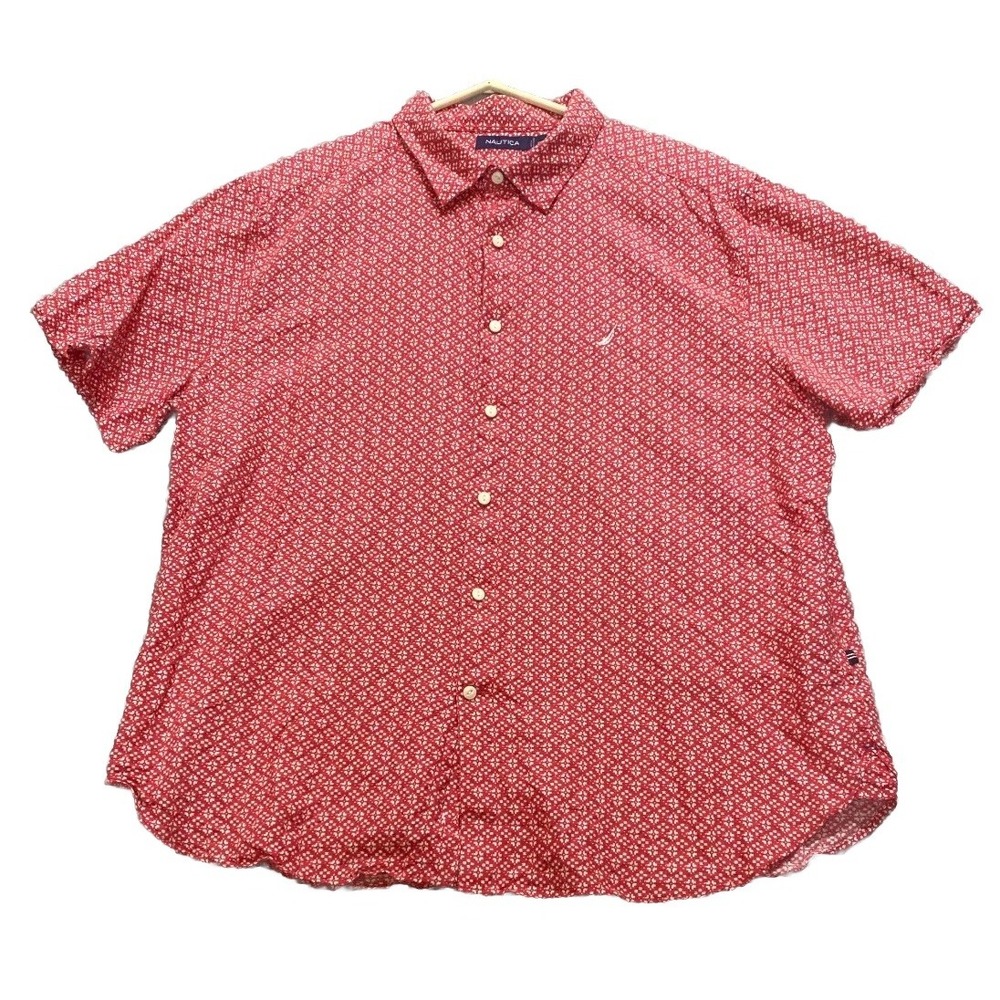 Nautica Shirt Mens 2XL Red White Geometric Print Linen Button Up Streetwear